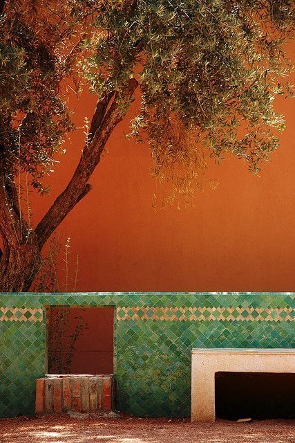 Terracotta wall with teal tiles