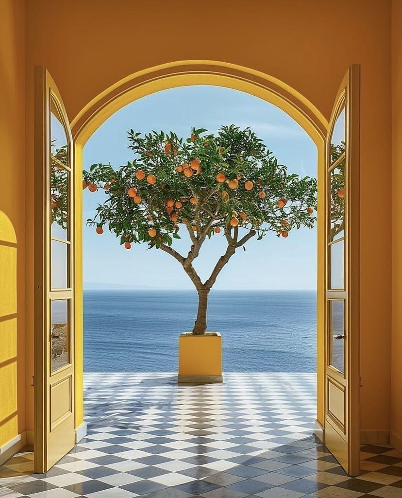 Orange tree through Mediterranean archway